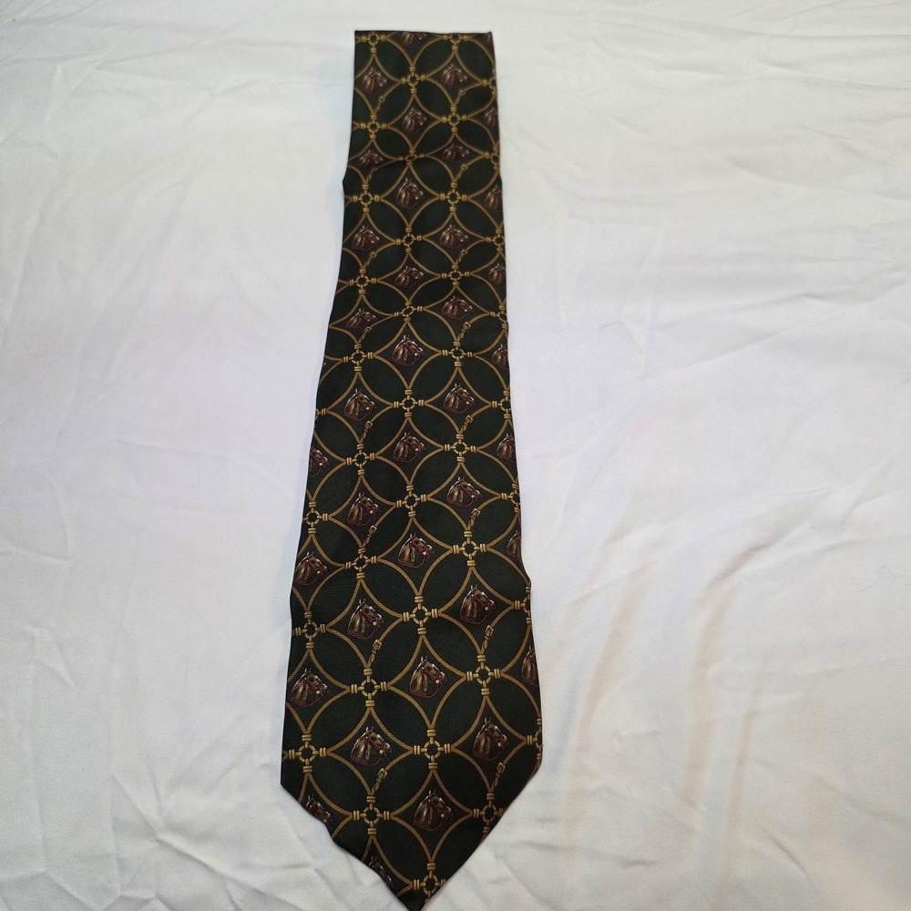 Vintage Richel Equestrian Horse Print Silk‎ Tie Geometric Green And Gold Yellow